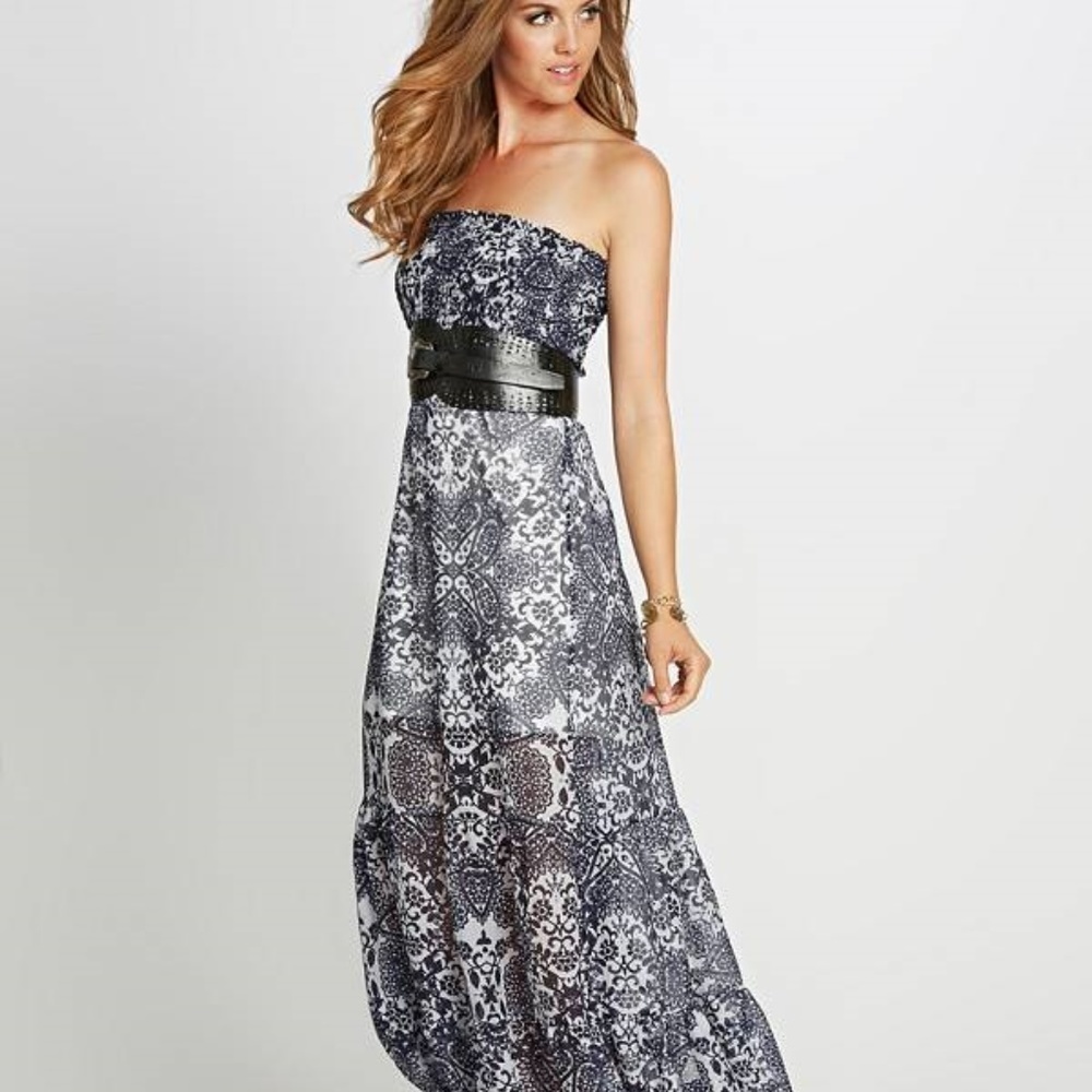 NEW GUESS Smocked Silk Moroccan-Print Maxi Dress